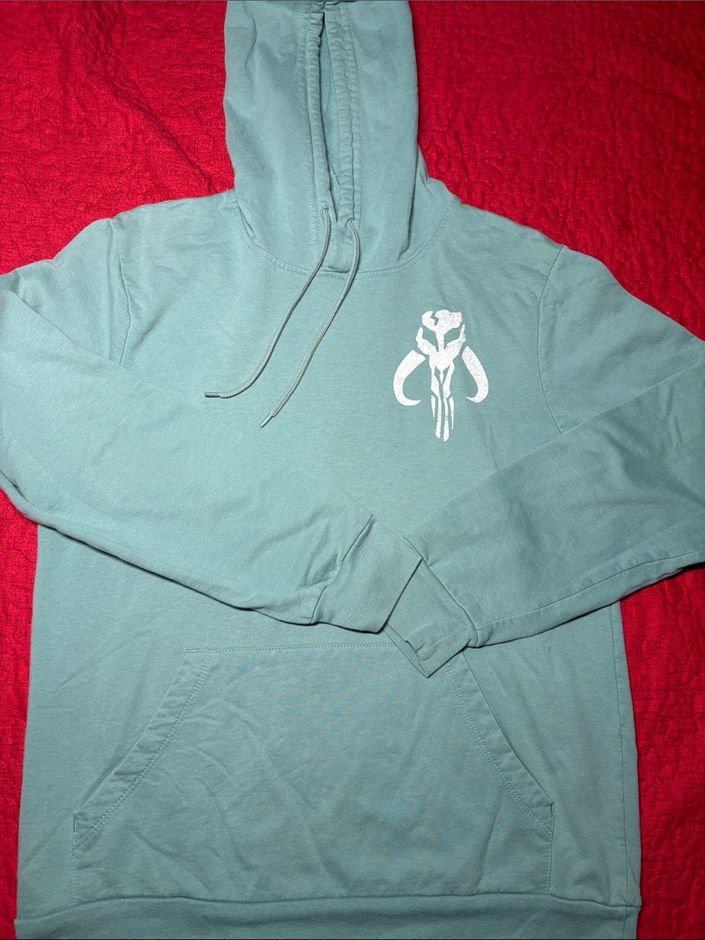 Star Wars Sage Green Hoodie with White Mandalorian Mythosaur Logo